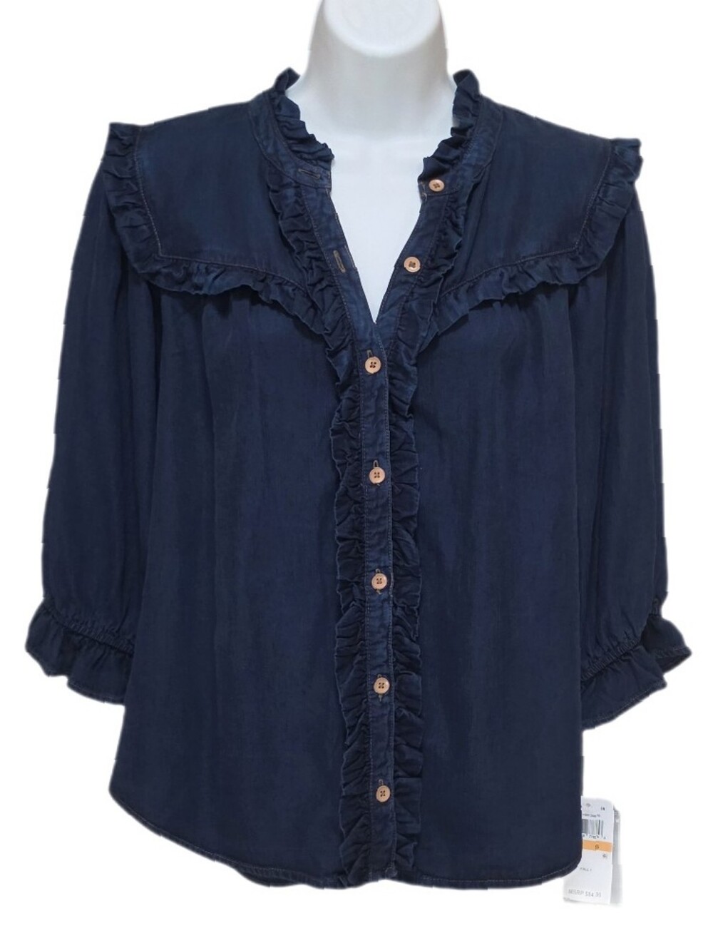 Democracy Ruffle-Trim Button-Front Chambray Top 3/4 Puff Sleeve Indigo Wash S